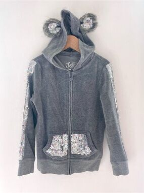 Sequin 3D Bear Ears Hoodie! Sequins on Ears, Pockets & Sleeves, Soft Gray Velour